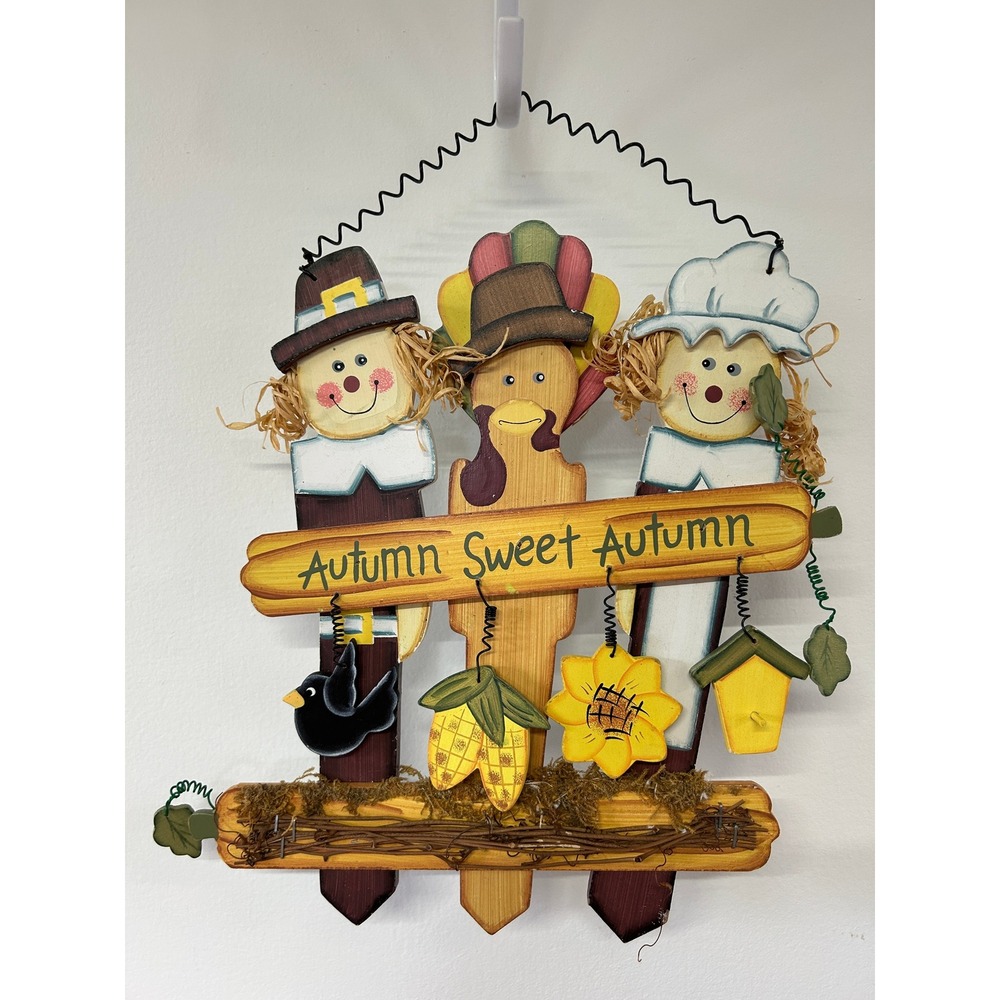 Autumn Sweet Autumn Wood Picket Fence Pilgrim Turkey Thanksgiving Wall 12" x 11"